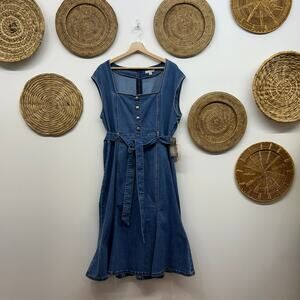 NEW $130 NY&C Eva Mendes Idalia Denim Midi Dress Plus Size XXL Blue Belt Button